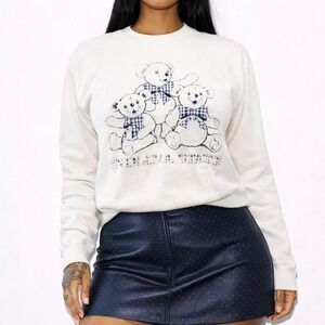 80s Vintage Teddy Bear Sweatshirt Womens XL Screen Stars White Raglan Crewneck